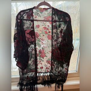 Taylor & Sage Red and Green Sheer Floral Kimono